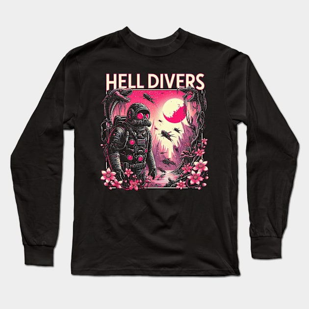 A graphic showing Helldivers exploring an extraterrestrial world with surrounding strange plants and animals rising - fantasy Long Sleeve T-Shirt by StyleTops